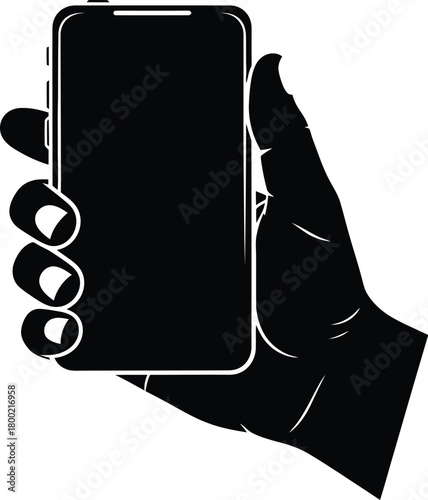 A black silhouette of a hand holding a modern smartphone in isolation
