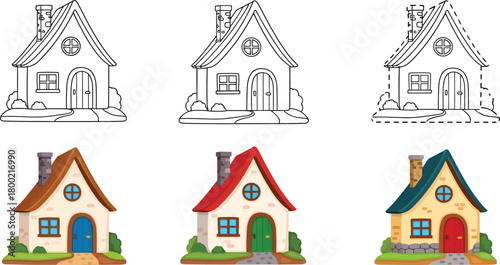 Charming house illustrations in varying styles outline shaded and fully colored
