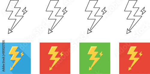 Four lightning bolt designs in line art and colorful flat icons