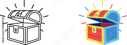 An illustration of an open treasure chest in two different styles