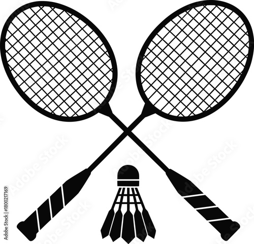 Two badminton rackets crossed with a shuttlecock a simple graphic illustration