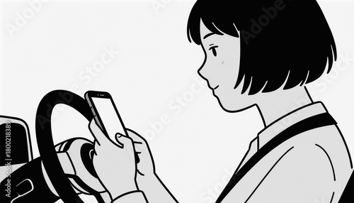 Woman using smartphone while driving car in minimalist illustration  