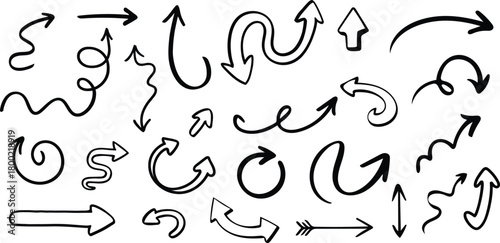 Hand Drawn Arrow Set Sketch Direction Curved Pointer Doodle Icons Swirl Loop Flow Navigation Elements Vector PNG