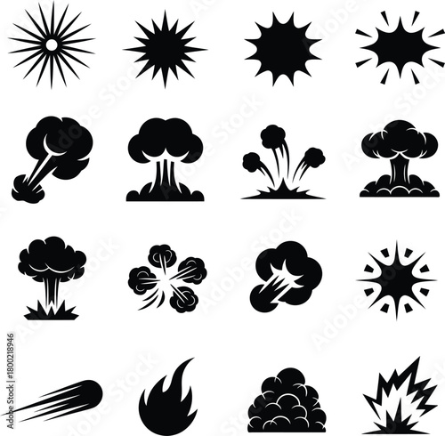 Explosion Vector Icons Blast Impact Boom Silhouette Cloud Burst Shockwave Fire Shapes Cartoon Explosion Elements PNG