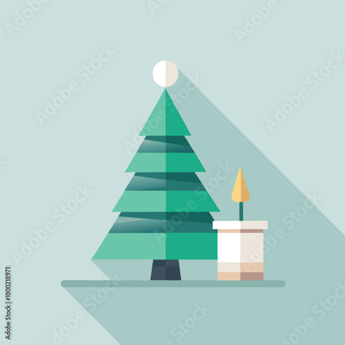 Minimalist Christmas tree and candle illustration with long shadows design