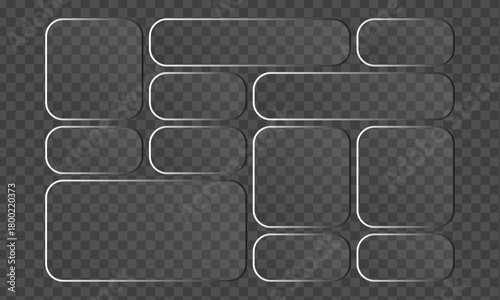 Collection of transparent glass plates with rounded corners, offering a modern and sleek aesthetic for various design applications and presentations