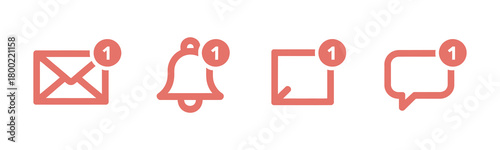 Digital notification interface icons set featuring email, bell, share, and message symbols with red new alerts. Vector