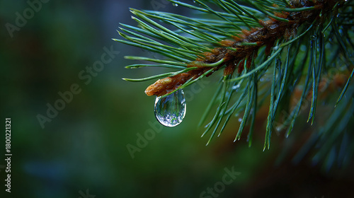 Crystal Clear Water Droplet Hanging from a Pine Needle