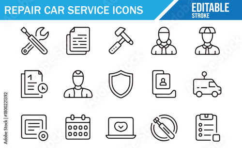 Vehicle maintenance icon pack with editable stroke tool and mechanic designs