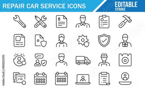 Clean outline auto repair icons for automotive branding and service design