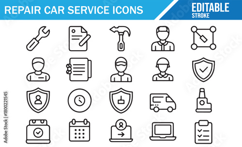 Auto maintenance icon collection including tools, inspections, and schedules