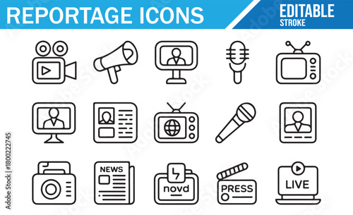 News production icons representing cameras, interviews, and live reporting