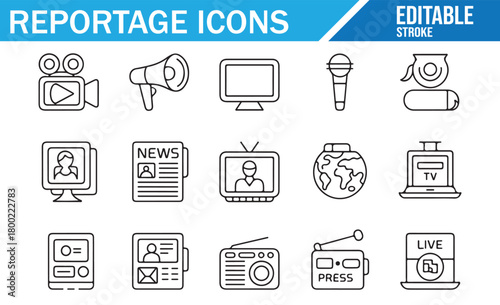 Broadcast and journalism icon collection with modern outline designs