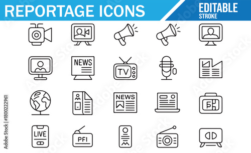 Black and white vector illustration set of reportage and news media icons including cameras, microphones, megaphones, newspapers, TV screens, online news, press badges, and editable stroke symbols for