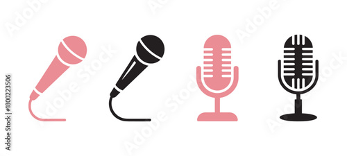 Collection of black vector microphone icons featuring modern handheld and vintage studio designs for sound recording Vector