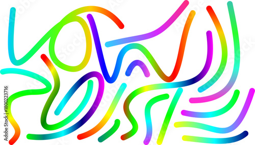 Abstract digital drawing of colorful rainbow squiggly lines on a plain white background.
