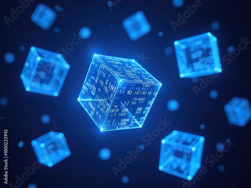 Binary code (zeros and ones) on blue-lit 3D cubes. Technology, data, and cybersecurity visual.