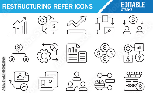 Business transformation icons featuring charts, networks, and teamwork
