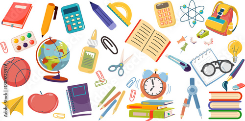 Colorful Education Collection Vibrant School and Stationery Supply Icons in Playful Flat Lay Composition for Learning Materials and Back-to-School Themes