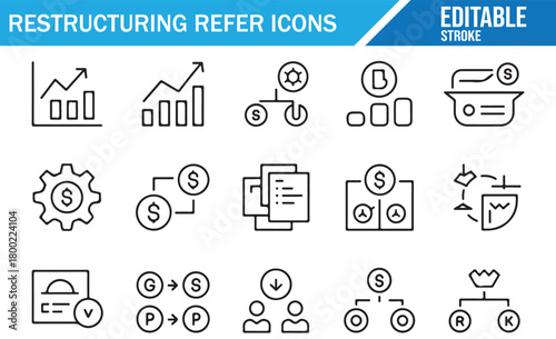Black and white vector illustration set of restructuring and business process icons including charts, graphs, teamwork, analytics, workflow, decision-making, organization structure, and editable strok