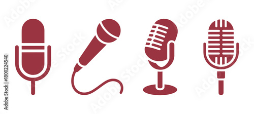 Set of various microphone icons in black silhouette, depicting modern, handheld, and vintage audio recording devices Vector