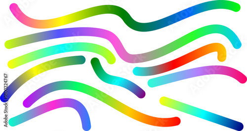 A vibrant collection of abstract, wavy lines and brush strokes with a smooth rainbow color gradient.