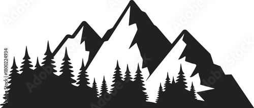 Black silhouette of mountain range and pine tree forest isolated on white background