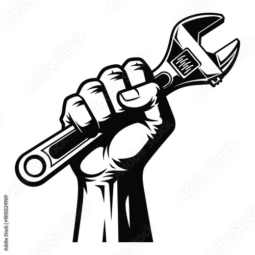 Hand holding adjustable wrench tool illustration black and white design
