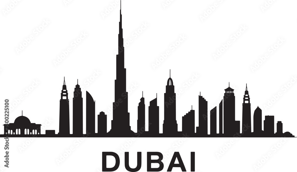 Obraz premium Black silhouette skyline of dubai city isolated on white background