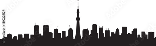 Black silhouette skyline of tokyo city with prominent tower isolated on white background