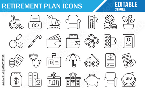 Comprehensive retirement planning icon collection for finance and wellness