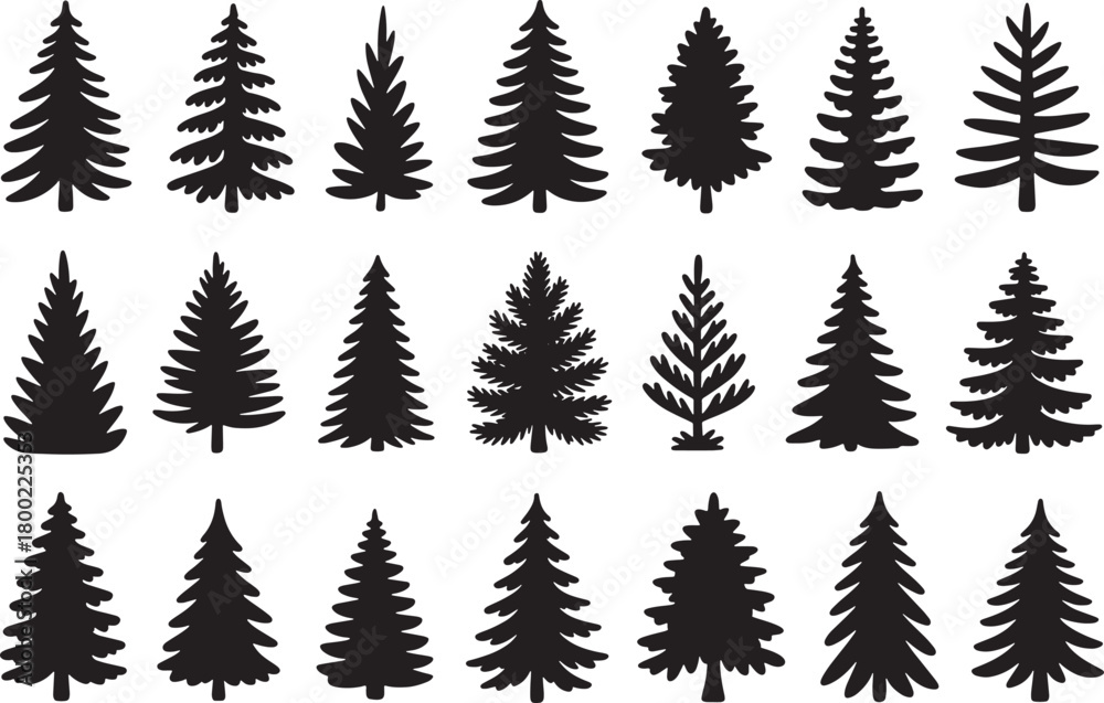 Fototapeta premium Collection of various black silhouette evergreen tree icons isolated on white background