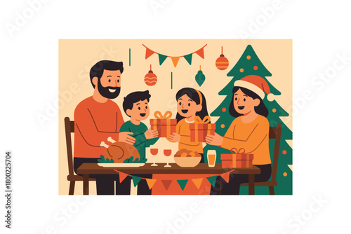 flat vector illustration of happy family exchanging gifts around festive table