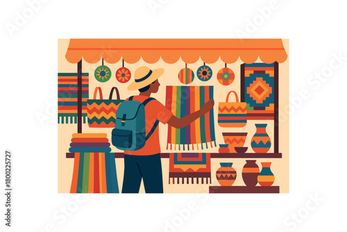 flat vector illustration of traveller shopping at local market full of colours and textiles