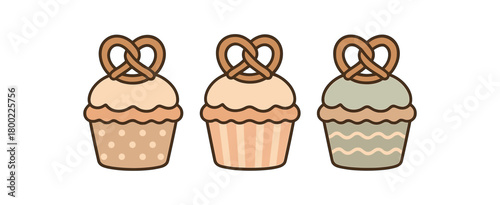 Flat vector illustration three cupcakes neutral pastels cute style simple patterns (dots stripes waves) pretzel toppers 3x1 grid equal spacing isolated on white