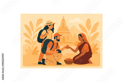 flat vector illustration of travellers exploring local culture on mindful journey