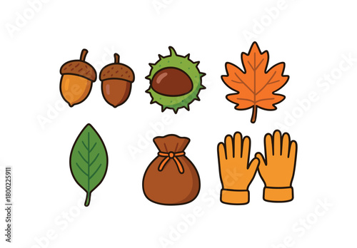 Flat vector forest finds set: acorns chestnuts leaves pouch gloves bright vibrant palette clean outlines minimal centered isolated on white no logos
