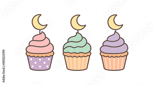 Flat vector illustration three cupcakes cute style pastel colors simple patterns (dots stripes waves) moon toppers 3x1 grid equal spacing isolated on white