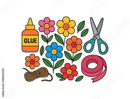 Flat vector spring crafts: paper flowers glue scissors twine ribbon bright vibrant palette clean outlines minimal centered isolated on white no logos