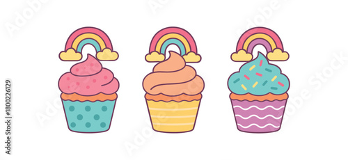 Flat vector illustration three cupcakes bright pastel colors cute style simple patterns (dots stripes waves) with rainbows 3x1 grid equal spacing isolated on white