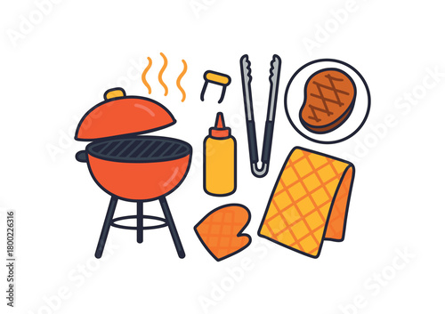 Flat vector summer barbecue: grill tongs plate sauce bottle towel bright vibrant palette clean outlines minimal centered isolated on white no logos