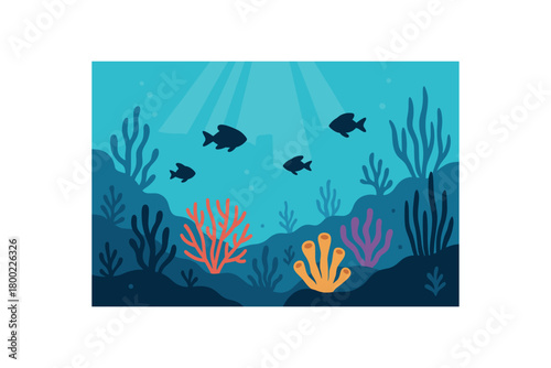 flat vector illustration of an underwater coral reef with fish and sunlight beams