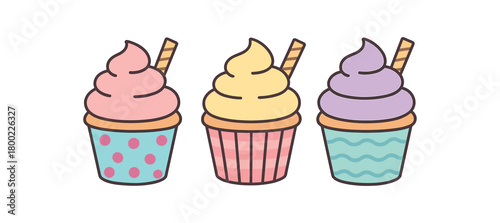 Flat vector illustration three cupcakes pastel colors cute style simple patterns (dots stripes waves) wafer sticks 3x1 grid equal spacing isolated on white
