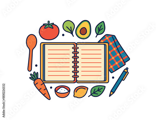 Flat vector family recipe book: open notebook spoon ingredients cloth pen bright vibrant palette clean outlines minimal centered isolated on white no logos