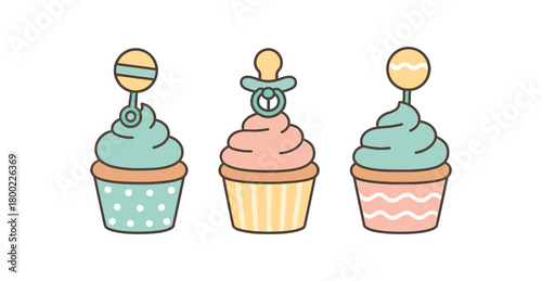 Flat vector illustration three cupcakes baby shower pastels cute style simple patterns (dots stripes waves) rattle and pacifier toppers 3x1 grid equal spacing isolated on white