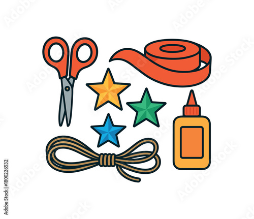 Flat vector handmade decorations: scissors ribbon paper stars glue twine bright vibrant palette clean outlines minimal centered isolated on white no logos