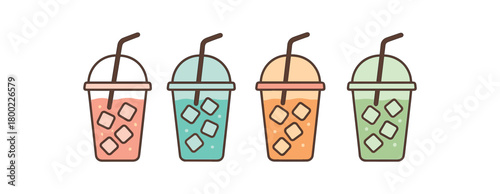 Flat vector illustration four iced drink cups seasonal essentials style pastel colors summer vibe 4x1 grid equal spacing isolated on white full objects visible
