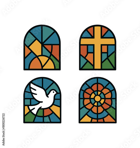 4 stained glass window icons geometric patterns cross dove flat vector illustration minimal modern style