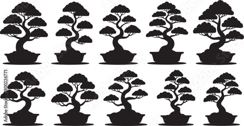 Set of ten black silhouette bonsai tree icons isolated on white background