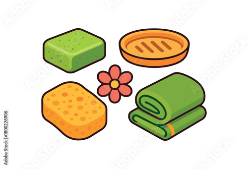 Flat vector natural soap set: soap bar dish sponge flower towel bright vibrant palette clean outlines minimal centered isolated on white no logos